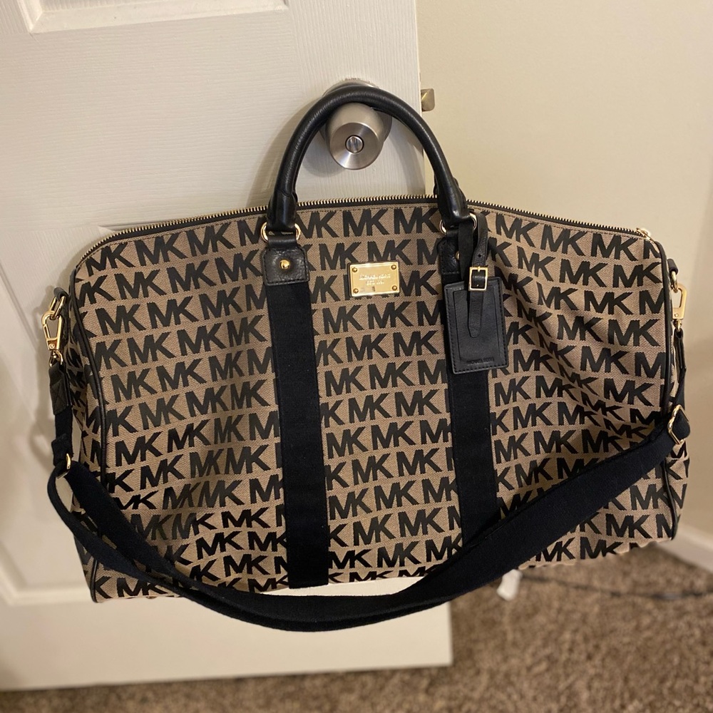 Michael Kors canvas MK logo large duffle bag, black and tan